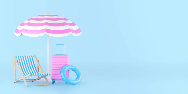istock Summer blue background. Beach chair, inflatable ring, sun umbrella, suitcase shadows. 1398861644