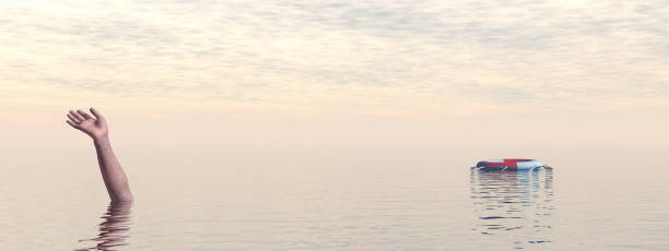 istock Drowning man's hand in sea or ocean - 3D render 1398862644