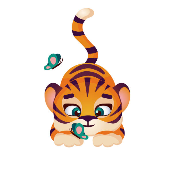 niedliches tigerjunges spielt mit schmetterlingscharakter - babytiger stock-grafiken, -clipart, -cartoons und -symbole