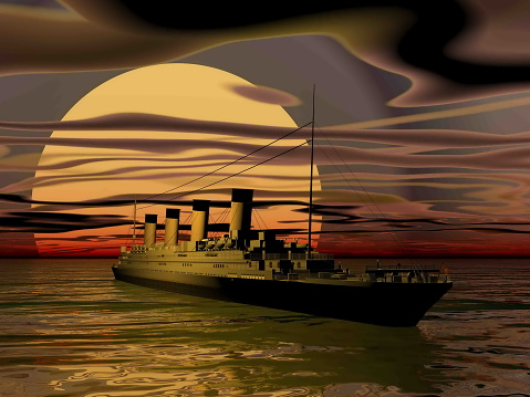Famous Titanic ship floating on the water by awesome cloudy sunset - 3D render