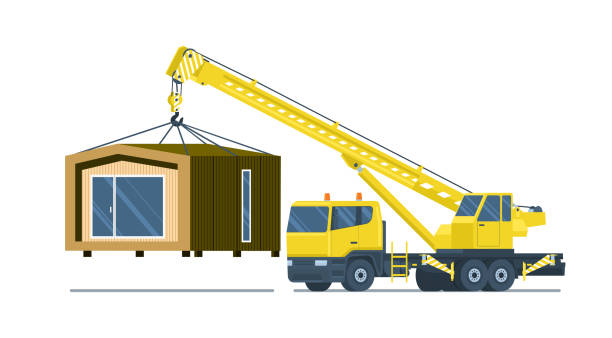 ilustraciones, imágenes clip art, dibujos animados e iconos de stock de grúa de camión levanta casa modular ensamblada. ilustraci�ón vectorial. - hydraulic platform illustrations