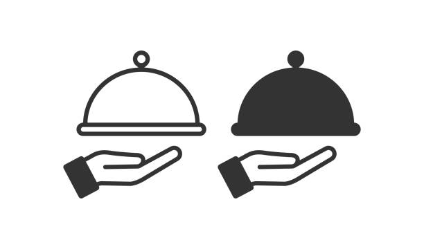 ilustraciones, imágenes clip art, dibujos animados e iconos de stock de bandeja en icono de mano de camarero. restaurante cloche símbolo. firmar vector de servicio de alimentos. - waiter food restaurant delivering