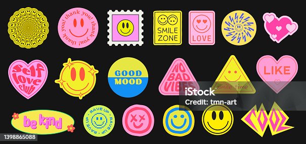 istock Set Of Cool Retro Stickers Vector Design. Trendy Cute Smile Patches. 1398865088