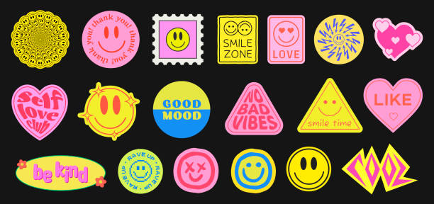 Set Of Cool Retro Stickers Vector Design. Trendy Cute Smile Patches. Set Of Cool Retro Stickers Vector Design. Trendy Cute Smile Patches. anthropomorphic smiley face stock illustrations