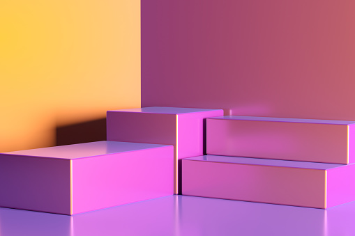 3D rendering of empty product podium, stand, platform with iridescent colors, exhibition podium.