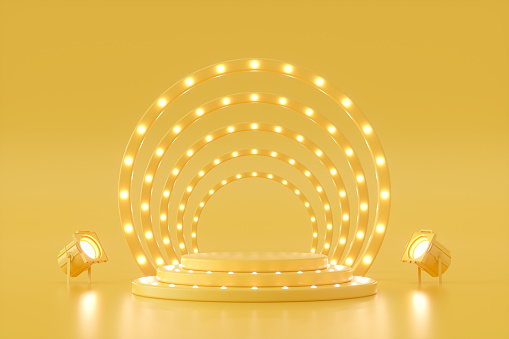 3d rendering of Empty Product Stand, Podium, Platform with Glowing Neon Light Circles.