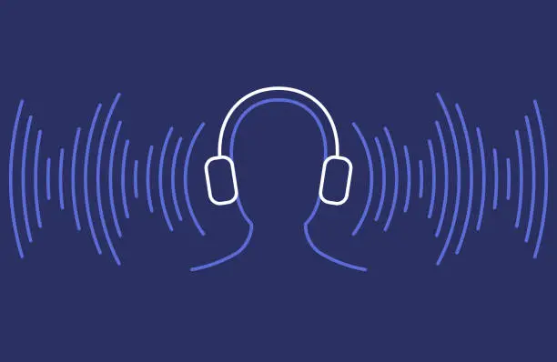 Vector illustration of Podcast Music Headphones Person Listening Sound Waves
