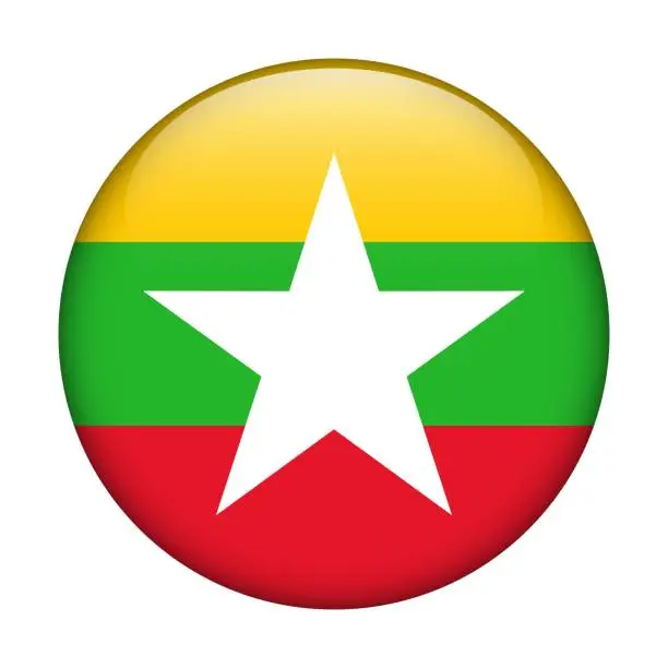 Vector illustration of Myanmar National flag. Vector icon. Glass button for web, app, ui. Glossy banner.