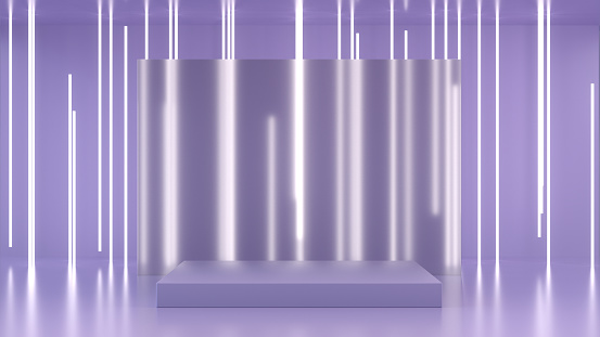 Empty podium product showcase, platform, stand with neon lighting lilac color background, 3d render.