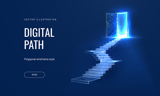 Open door at digital path, futuristic science fiction concept of doorway. Technology portal in a polygonal wireframe glowing style. Vector illustration on a blue background.
