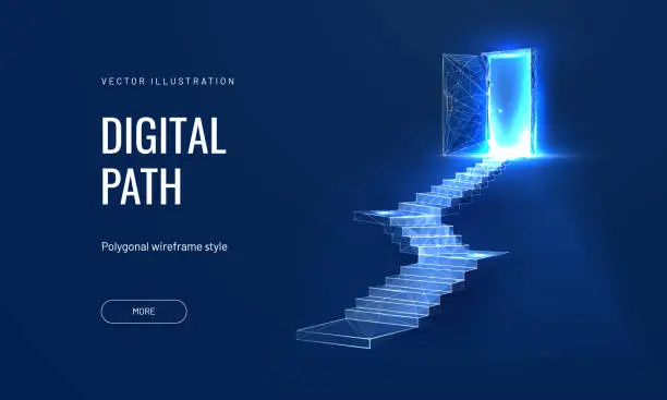 Vector illustration of Open door at digital path, futuristic science fiction concept of doorway. Technology portal in a polygonal wireframe glowing style. Vector illustration on a blue background.