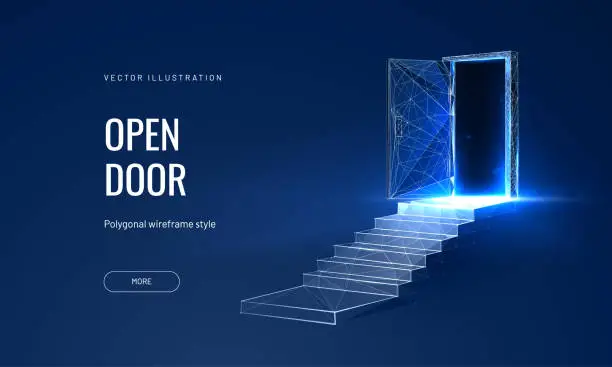 Vector illustration of Open door at digital path futuristic science fiction concept of doorway. Technology portal in a polygonal wireframe glowing style. Vector illustration on a blue background.
