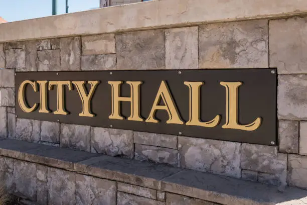 Close-up of city hall sign