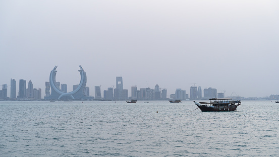 Lusail, Qatar- 19 October 2021: The beautiful newly developing lusail city with many skyscrapers , shot during sunrise