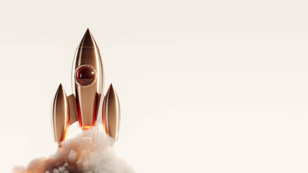 istock Shiny metal rocket launching with smoke trail on beige background 1398869330