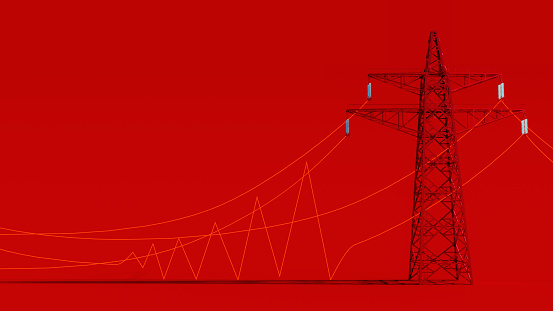 Transmission line on red background. Current costs rising concept. 3D Rendering, 3D Illustration