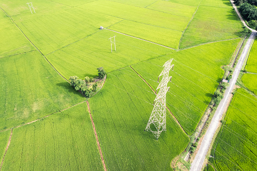 Poste de alta tensión, Torre de transmisión, Pilón de electricidad, Transmisión de energía eléctrica ubicada en un campo de arroz en el campo photo