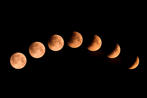 A composite image of the phases of a lunar eclipse over Corsica on 16th May 2022