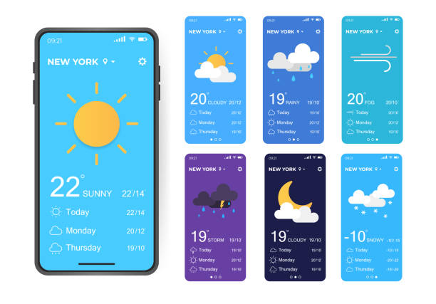 benutzeroberfläche der wetteranwendung. ui, ux-elemente. realistisches smartphone mit unterschiedlichem wetter. konzept der vektorillustration - weather stock-grafiken, -clipart, -cartoons und -symbole