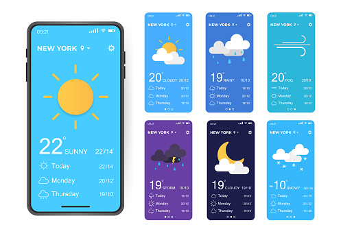 Weather Application user interface. UI, UX elements. Realistic smartphone with different Weather. Vector illustration concept