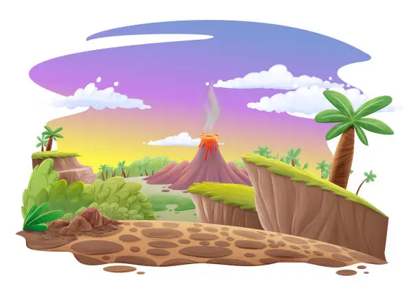 Vector illustration of illustration scene with hills trees and erupting volcano