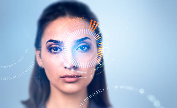 istock Woman and biometric scanning digital hologram with binary 1398874767