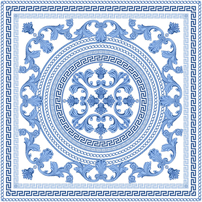 Blue Baroque scrolls, indigo Greek key pattern frieze, meander border, floral swirls on a white background