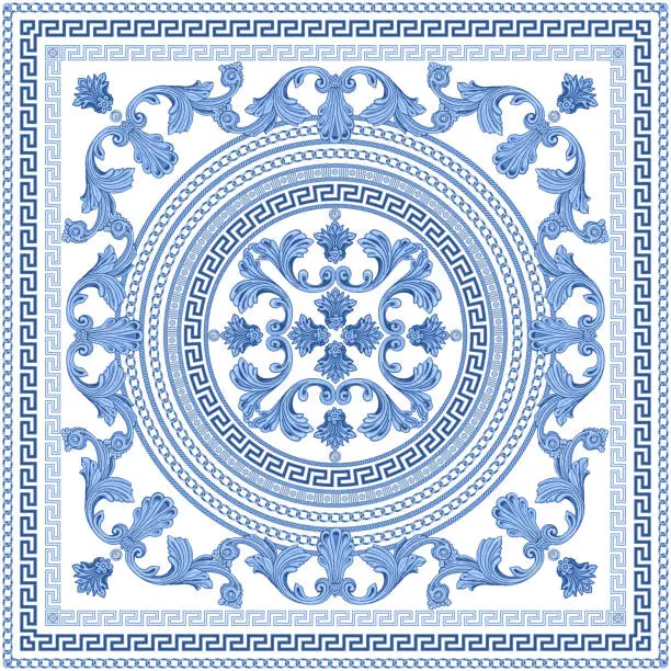 Vector illustration of Blue Baroque scrolls, indigo Greek key pattern frieze, meander border, floral swirls on a white background