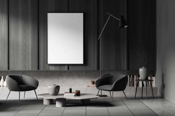 istock Front view on dark living room interior with empty poster 1398874851