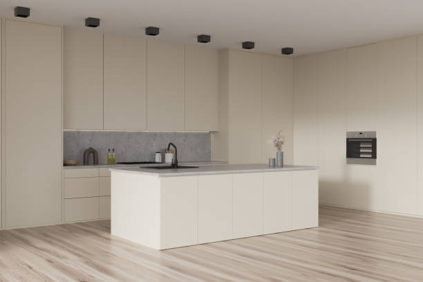istock Light kitchen set interior with island and kitchenware, wooden floor 1398874941