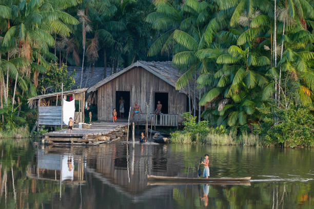 Brazilian locals living in stilt house by the Amazon River Amazonian family in front of their palafita home by the Mapuá River, at Estreito de Breves or Furos de Breves, Marajó region, Pará, Amazon, Brazil. May, 2004. amazonas state brazil stock pictures, royalty-free photos & images