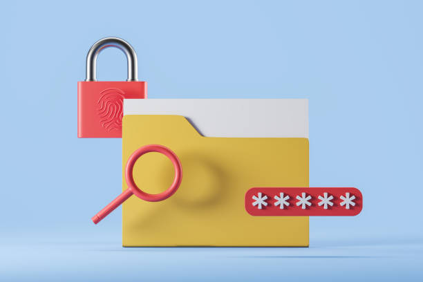 istock Paper files in folder, padlock and password. Access and protection 1398875211