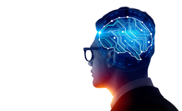 istock Businessman profile with brain hologram, circuit and lines. Mock 1398875338