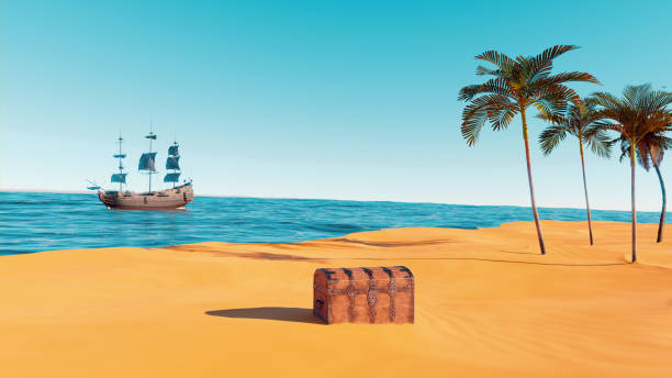Treasure chest left in the sand on a beach Old treasure chest is partly hidden on beach with palm trees. treasure chest photos stock pictures, royalty-free photos & images