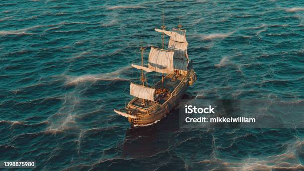 Old Ship Sails On The Sea Seen From Aerial Point Of View Stock Photo - Download Image Now