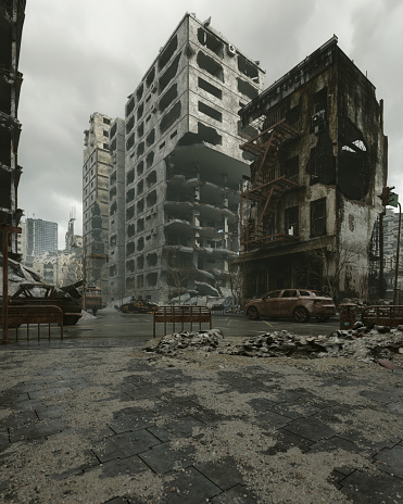 Digitally generated post apocalyptic scene depicting the consequence of a nuclear holocaust, showing a desolate urban landscape with buildings in ruins and mostly cloudy sky.\n\nThe scene was created in Autodesk® 3ds Max 2022 with V-Ray 5 and rendered with photorealistic shaders and lighting in Chaos® Vantage with some post-production added.
