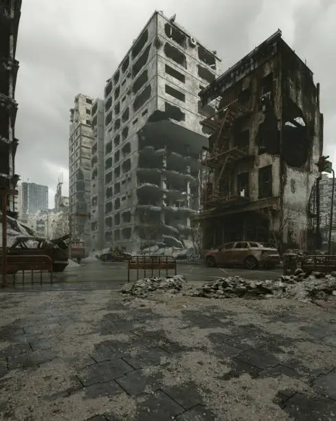 Digitally generated post apocalyptic scene depicting the consequence of a nuclear holocaust, showing a desolate urban landscape with buildings in ruins and mostly cloudy sky.

The scene was created in Autodesk® 3ds Max 2022 with V-Ray 5 and rendered with photorealistic shaders and lighting in Chaos® Vantage with some post-production added.