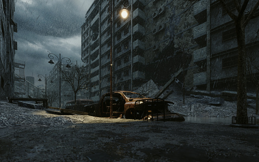 Digitally generated post apocalyptic scene depicting a desolate urban landscape with buildings in ruins at dusk/dawn during a strong rain storm.

The scene was created in Autodesk® 3ds Max 2022 with V-Ray 5 and rendered with photorealistic shaders and lighting in Chaos® Vantage with some post-production added.