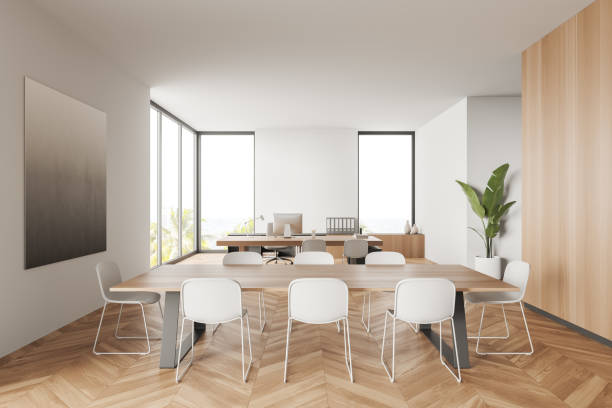 istock Light business room interior with consulting and meeting space, panoramic window 1398876435