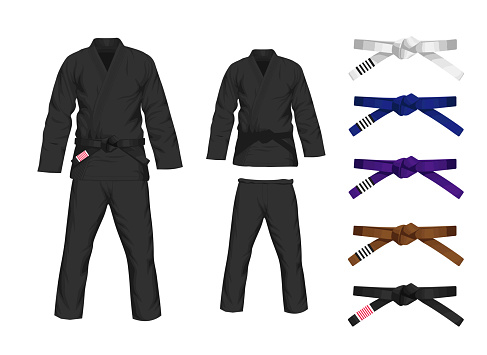 BJJ White Gi flat vector illustration. Kimono and pants with all belts vector illustration in flat style. Brazilian Jiu-Jitsu kit. Isolated. on black background.
