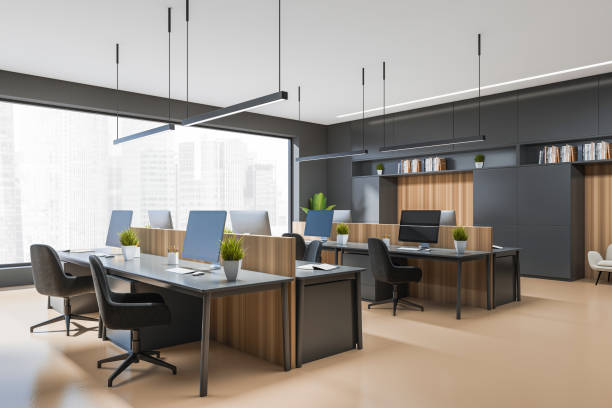 istock Office interior with pc computer and armchair, panoramic window with city view 1398876778