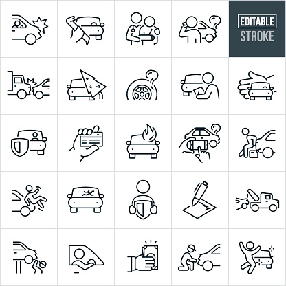 A set of auto insurance icons that include editable strokes or outlines using the EPS vector file. The icons include a person in a car accident, car burglary, medical professional assisting a person with arm in sling, driver calling insurance after car accident, truck and car colliding head-on, tree falling on top of car causing damage, flat tire, insurance adjuster reviewing damages to car, hand shielding car, car with shield, hand holding insurance card, car on fire, driver taking picture of car after accident for insurance purposes, person pushing car after running out of gas, pedestrian being hit by car, cracked windshield on car, insurance agent holding shield, insurance policy, tow truck pulling broken down car, mechanic working on damaged car, driver behind wheel, cash being offered as an insurance claim, fixed car after insurance, and other car insurance related icons.