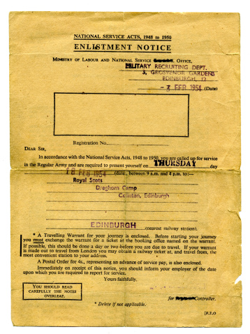 Old 1950's British army original National Service enlistment notice form, with conscripts name removed for privacy reasons