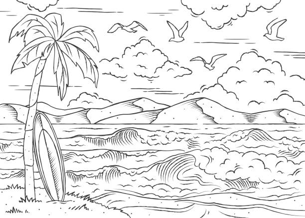 Design for coloring book Design for coloring book. Beautiful seascape with palm tree, surfboard, waves, shore and mountains. Antistress or entertainment for children and adult. Cartoon flat vector illustration in linear style tropical beach and clouds scene stock illustrations