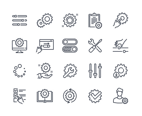 Set of simple Setup and Settings Icons. Elements with tools, Loading, Cogs and Gears, Update and parameters. Designs for website and app. Cartoon flat vector collection isolated on white background