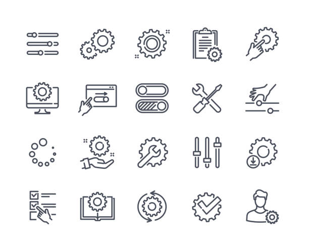 Set of simple Setup and Settings Icons Set of simple Setup and Settings Icons. Elements with tools, Loading, Cogs and Gears, Update and parameters. Designs for website and app. Cartoon flat vector collection isolated on white background computer settings screen stock illustrations