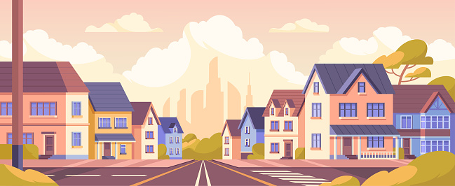 City street at sunset in summer. Beautiful city landscape or panorama with houses, road, sidewalk and trees. Background with buildings, clouds and pink sky. Cartoon modern flat vector illustration