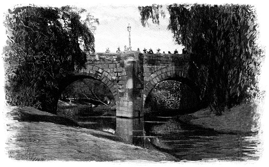 The El Puente de la Historia (Bridge of History) at San Juan del Río in Querétaro, Mexico. Vintage halftone etching circa 19th century.
