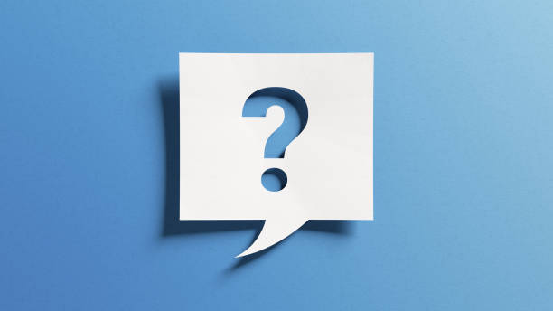 Question mark symbol for FAQ, information, problem and solution concepts. Quiz, test, survey, interrogation, support, knowledge, decision. Minimalist design with icon cutout paper and blue background. stock photo