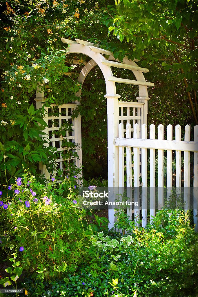 White picket fence with arch White picket fence with arch in a garden. American Culture Stock Photo